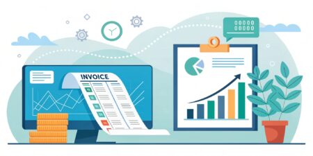 Illustration for an eyecatching image featuring a stylized invoice icon transforming into clean digital data displayed in a modern interface or graph. Use a bright and professional color scheme with blues, greens, and a touch of orange. Represents the transformation process from invoice to data.