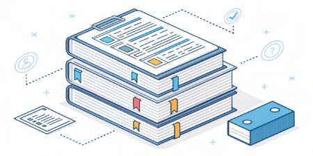 Isometric illustration for a feature image. Shows a stylized stack of documents or manuals with clear section tabs or bookmarks visible. Represents organized documentation and easy navigation through information. Use a clean and professional color scheme (e.g., shades of blue, white, gray).