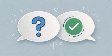 Minimalist flat design illustration for a feature image. A pair of clean speech bubbles, one containing a stylized question mark, the other containing a checkmark or a simple tick symbol. Use clear blue and green colors against a light gray background. Represents the Q&A format clearly and simply.