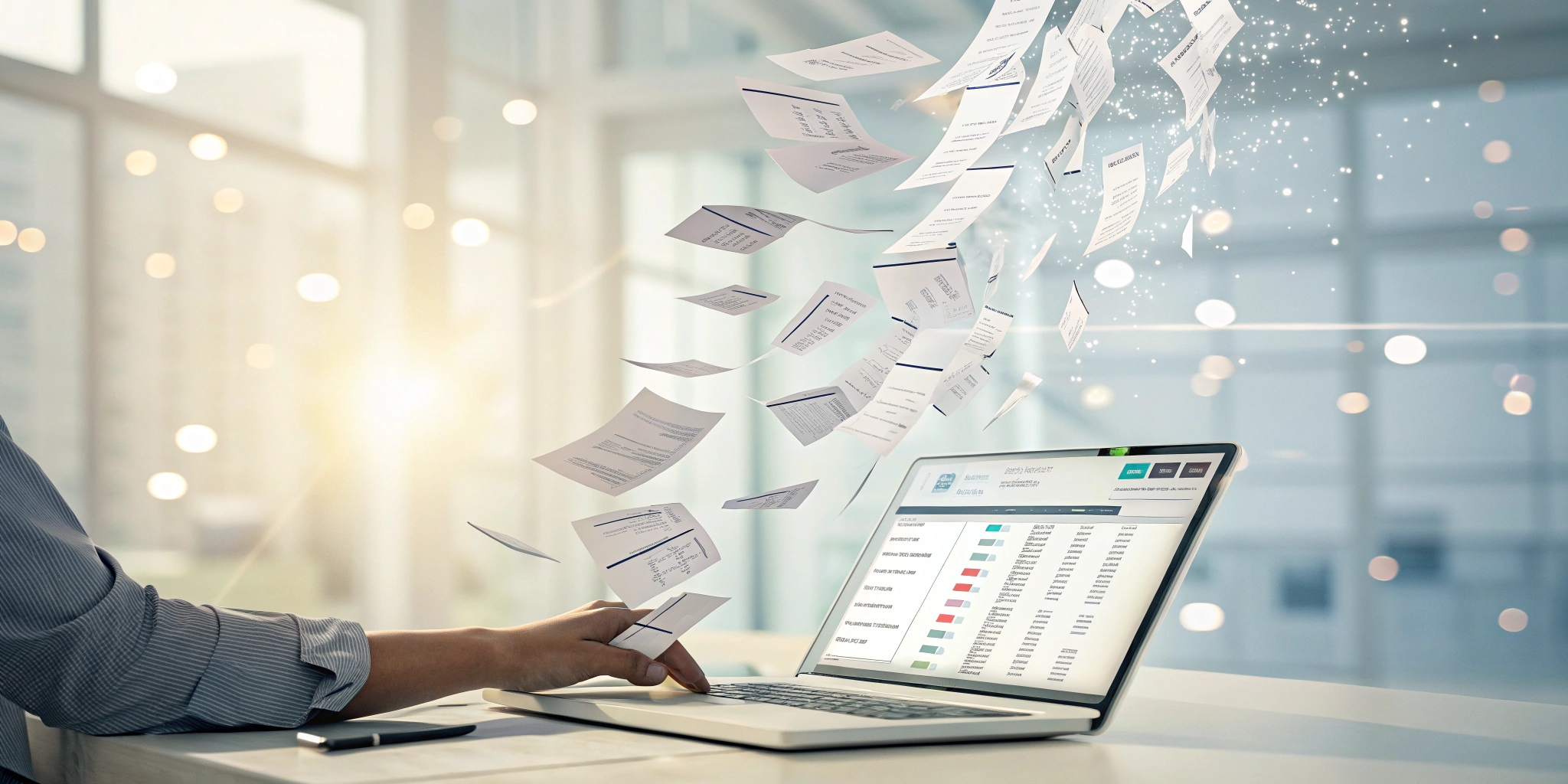A pile of paper receipts transforms into light particles and flows into a modern laptop, displaying as organized digital data on the screen. Bright, clean, contemporary office background. A person's hands, pleased with the efficiency, are slightly visible in the foreground. Futuristic and sophisticated design. Soft lighting.